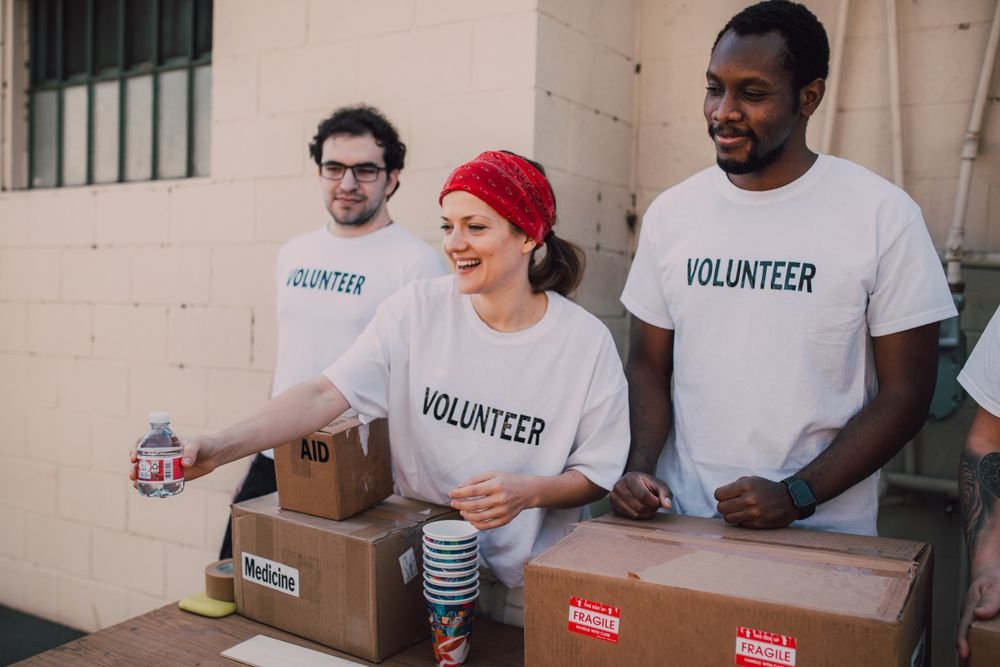 Volunteers organizing supplies for community support